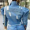 CM.YAYA femmes bouffée à manches longues col rabattu boutonné Denim vestes mode Streetwear classique jean veste 210922