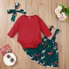 Vinterbarn sätter Casual Långärmad O Neck Red Solid Rompers Print Elk Skirt Cute 2pcs Tjejkläder 0-24m 210629