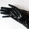 Five Fingers Gloves Sexy Lady Long Black Lace Faux Leather Patent Stitching Women Elbow Length Mittens