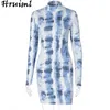 Jurk Dames Lange Mouwen Turtleneck Slanke Mini Casual Tie Dye Jurken voor Avond Night Party Club Vrouw 210513