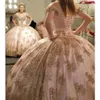 Mexicaanse vestidos de 15 años roze quinceanera jurken met gouden applique Crystal Sequin Lace-up Sweet 16 Masquerade Prom-jassen