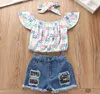 Kids Summer Girls Clothing Sets Off Shoulder Top Shirt+Hole Pants+Hairband 3PCS Children Cloth Girl Clothes set