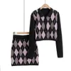 90s Vintage Argyle Plaid Knitted Cardigan estilo preppy Corea ropa suéter paquete caderas Mini falda 1 Set Y2K prendas de punto 210429