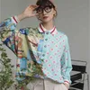 春と秋の長袖ポロブラウスの女性のゆるい中国風スプライシングレトロプリントシャツプラスサイズのシャツ210719