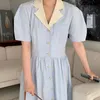 Femmes Robe bleue été élégant revers simple boutonnage manches courtes bouffantes Vintage robes femme coréenne Chic Robe Mujer 210527