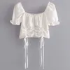 Vintage Chiffon Ruched Women Toppar och Blusar Puff Sleeve Lace Up White Crop Chic Ruffle Holdiday Black Blouse Shirt 210427