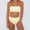 PLAVKY Retro Sexy Yellow Striped Strapless Bandeau Biquini Cut High Waist Swim Bathing Suit Swimsuit Swimwear Women Bikini 210722