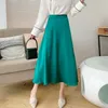 Mjuk satin sommar långa kjolar kvinnor mode koreansk stil elegant estetisk hög midja midi kjol kvinnlig grön 210421