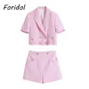 Foridol Tweed Knitted Pink Shorts Sets Spring Autumn Blazer Cute Two Pieces Suits Women Clothing Ladies Matching Sets 210415