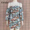 Foridol Floral Impressão Boho Verão Vestido Off Ombro Ruched Bodycon Mini Club Party Sexy Beach Short Beach Azul 210415