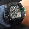 Ny Luxury Big Full Black Case Flyback Skeleton Watches Rubber Japan Miyota Automatic Mechanical Mens Watch192g