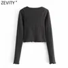 Women Simply V Neck Split Solid Color Short Chic T Shirt Ladies Long Sleeve Hem Ruffles Casual Slim Crop Tops LS7620 210416