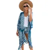 Boho Bohemian Print Blau Sommer Strand Tragen Langer Kimono Damen Badeanzug Cover Up Plus Size Bikini Coverup Sarong Plage A196