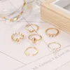6pcs/set Vintage Gold Oval Metal Ball Rings for Women Fashion Pearl Wave Geometric Leaf Open Rings Bohemian Jewelry Accessories