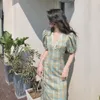 Sommer frauen Grün Plaid Sexy Kleid Sommerkleid Elegante V-ausschnitt Spitze Spleißen Kurzarm Vintage Femme Robe 210514