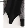 Maille Patchwork Body Femmes Mode Transparent Manches Bouffantes Col Rond Vintage Noir Sexy Tos Corps Femme Combishort 210514