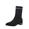 LazySeal Stretch Stoff Socken Stiefel Frauen Schuhe Mitte Der Wade Quadratische Absätze Riband Leters Atmungsaktive Socke Schuh Motorrad Stiefel Y1209