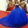 2023 Fantastiska Quinceanera -klänningar Royal Blue Sheer Long Sleeve Jewel Floral Applique Beading Ball Balls Princess Prom Sweet 16 DRE1160600