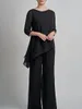 Svart Jumpsuit Mor av brudklänningen Plusstorlek Elegant Jewel Hlaf Sleeves Golvlängd Chiffon Gästfestklänningar Robe de Soiree