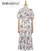 Elegant Print Dress For Women V Neck Puff Short Sleeve High Waist Midi Dresses Female Summer Fashion Stylish 210520