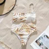 Ouro Folhas Imprimir Bikini Mulher High Waist Swimsuit 2021 Sexy Swimwear Bandeau Push Up Bikini Set Brazia Suits Summer Beach Wearx0523