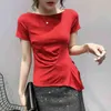 コットンティーシャツ女性カジュアルTシャツ女性夏のトップス韓国の半袖スリムT不規則な裾T04117B 210421