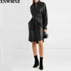 Cool PU Leather Long Jacket Women Loose Belt Giacca a vento Trench Slim Autunno e inverno 210520