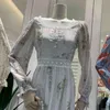 Temperament Square Collar Vestido Feminino Broderi Skriv ut Fairy Dresses Kvinnor Elegant Långärmad Mujer Robe 210514
