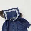 Vår Koreanska Naval Wind Spädbarn Soft Denim Jumpsuit Baby Romper Klättring Kläder Born Girl Outfit 210515