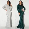 Elegant O Neck Long Sleeve Sequin Maxi Dress Floor Length Stretchy Bodycon Party Dresses Gold Green Burgundy Black