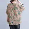 대형 여성 여름 느슨한 캐주얼 티셔츠 새로운 도착 빈티지 스타일 꽃 무늬 여성 면화 린넨 탑스 티셔츠 S3632 210412