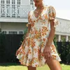 Foridol Bownot Kortärmad Blommig Bohemian Tryckt sommarklänning Kvinnor Sexig V-Neck A-Line Beach Dresses Female Vestidos 210415