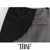 TRAF女性シックなファッションパッチワーク非対称ミニスカートヴィンテージハイウエストジッパーメススカートMujer 210415