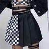 Rapwriter Gothic Patchwork Checkerboard Pleated Skirt Women Black Skater Micro Plaid High Waisted Skirts Short Saias Faldas 210415