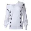 Jocoo Jolee Höst Långärmad V Neck Sweater Sexig White Off Shoulder LAV Up Strikkad Pullover High Street Tops Jumper 210518