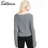 Tataria Gray Crop Sweter Kobiety Długie Rękaw Swetry V-Neck Cienkie Dzianiny Topy Damskie Pulowers Sexy Jumper Kobiet Pull Femme 210514