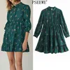 Zielony Kwiatowy Druku Mini Dress Kobiety Wiosna Wysoki Neck Rękaw Puff Sleeve Dorywczo Es Wzburzyć Vintage 210519