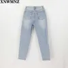 Za Vintage Mom Jeans High Waisted Woman Ripped Pojkvän för Kvinnor Koreansk stil Bekymrad Blå Denim Pants 210616