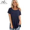 Nice-forever Summer Fashion Cold Shoulder Pure Color T-shirts Casual Women Loose Tees tops T051 210419