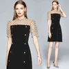 Donna manica corta Dot Mesh Patchwork Vintage Sexy nero doppio petto Office Ladies Chic Casual Dress Autunno 210416