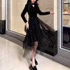 Women Black Navy Blue Velvet Patchwork Sequined Mesh Evening Party Dresses Long Sleeve Asymmetrical Midi Dress D2165 210514