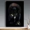 Fluffy Hair African Black Women Golden Finger Oil Painting on Canvas Cuadros Posters and Prints Wall Picture for Living Room