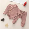 Baby Clothings Sets Solid Color Stripe Romper Pit Långärmad Sweatshirt + Byxor Knapp Design Pyjamas Boys Girls Kids Passar 2st / set 4Colors WMQ754