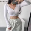 Été Sexy Simple tricot élastique fille femme femmes col en V bouton à travers t-shirt haut à manches longues MGN0 210603