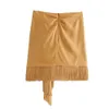Kvinnor kjol Fringed High-Waisted Mini Skirt samlad detalj Tassel Hem Back Zip Stängning Casual Chic Kvinna Kjolar 210730
