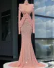 Elegant Sequined Formal Evening Dresses With Long-sleeve Ruched Satin Robe de mariée Mermaid Prom Party Gowns Custom Made