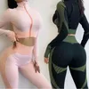 YOGA Kıyafet Dikişsiz Egzersiz Seti Kadın Spor Kırpma Üst Gömlek Spor Giyim Femaletracksuit Spor Spor Fitness Sutyen Uzun Kollu + Tayt Takım Elbise