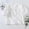 ZA Women White Embroidered Shirt Short Puff Sleeve Eyelet Embroidery Summer Tops Chic Front Button Woman Openwork Blouse 210602