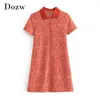 Frauen Leoparden-Druck-T-Shirt Kleid Down-Kragen Casual Mini-Kleider Sommer Kurzarm Chic Button Up Dress 210414