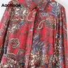 Aachoae Boho Floral Robe Automne Printemps Manches longues Vintage Chemise Robe Bandage Bureau Midi Robe Femmes Robes Mujer 210413